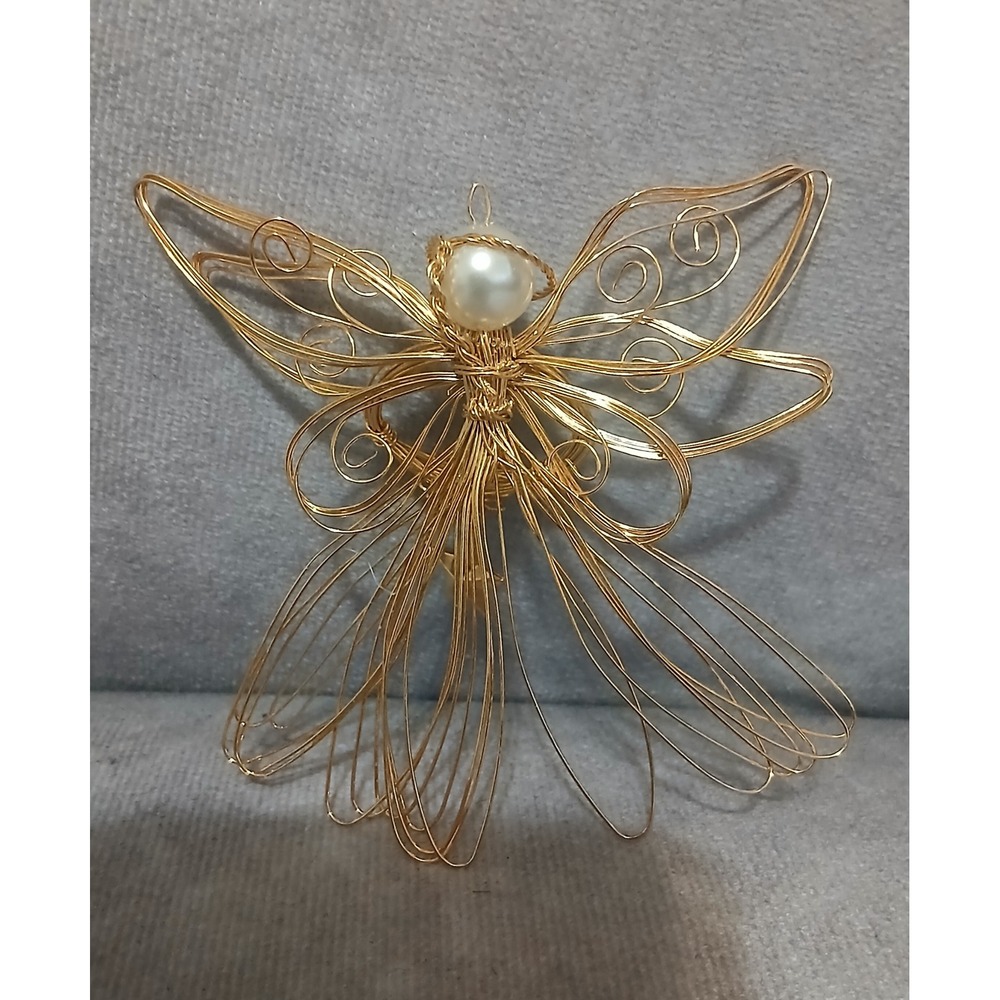 Gold Wire Angel Ornament Faux Pearl Head Star Charm Filigree Holiday Decor